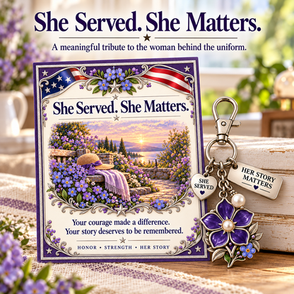 💜 She Served. She Matters. | Purple Forget-Me-Not Keychain & Message Card for Women Veterans