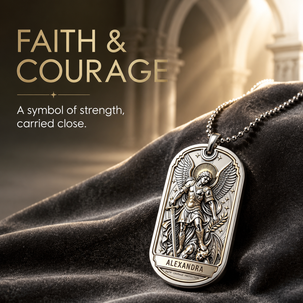 St. Michael Custom Engraved Dog Tag Necklace | Psalm 27:3