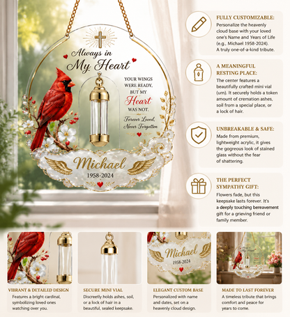 Personalized Cardinal Memorial Ornament with Mini Keepsake Urn | "Always in My Heart" Suncatcher 🕊️❤️