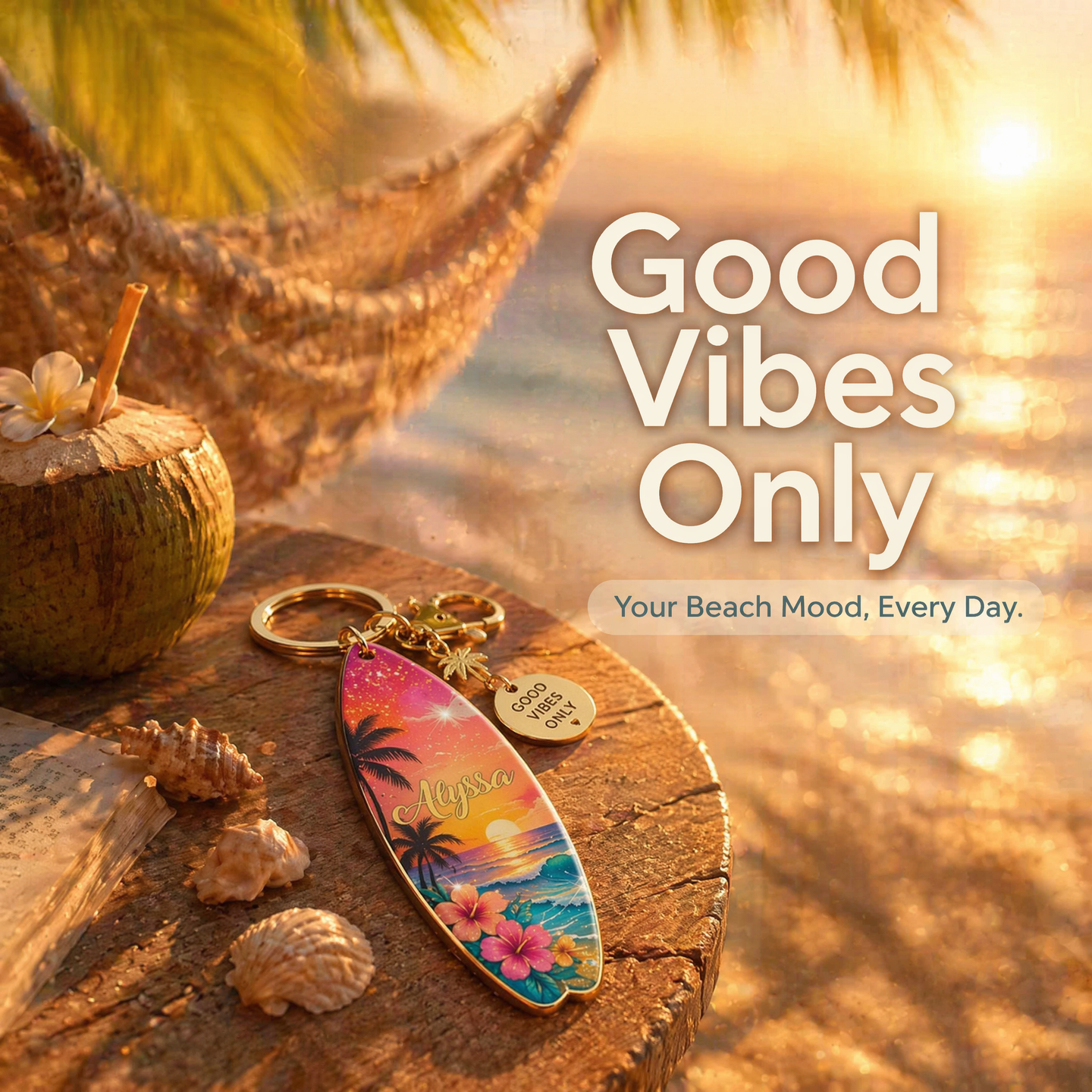 🌅🌴Personalized Tropical Sunset Surfboard Keychain | Custom Name Beach Bag Charm | "Good Vibes Only"