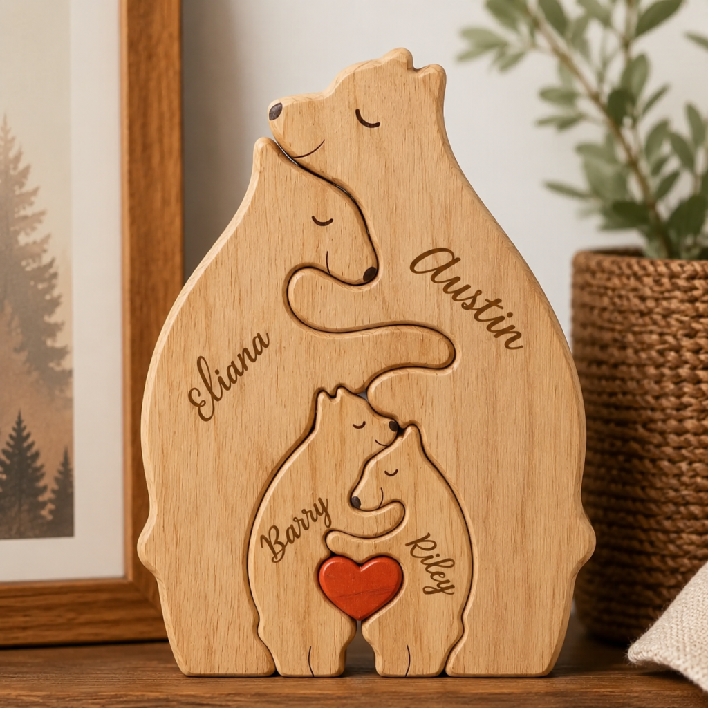 🐻 Personalized Wooden Bear Family Puzzle | Custom Name Keepsake Decor ❤️
