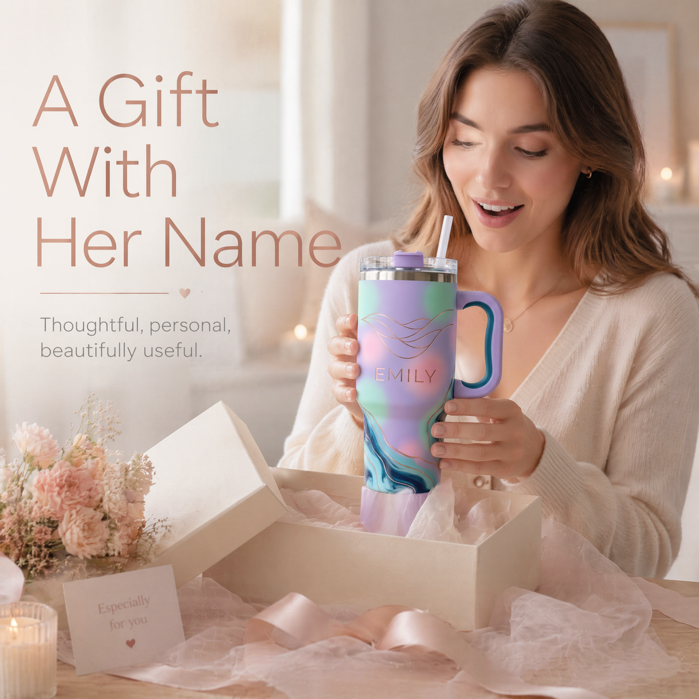 Personalized 30oz/40oz Pastel Dream Tumbler | Custom Name Ethereal Gradient Rose Gold Line Art | Insulated Travel Mug