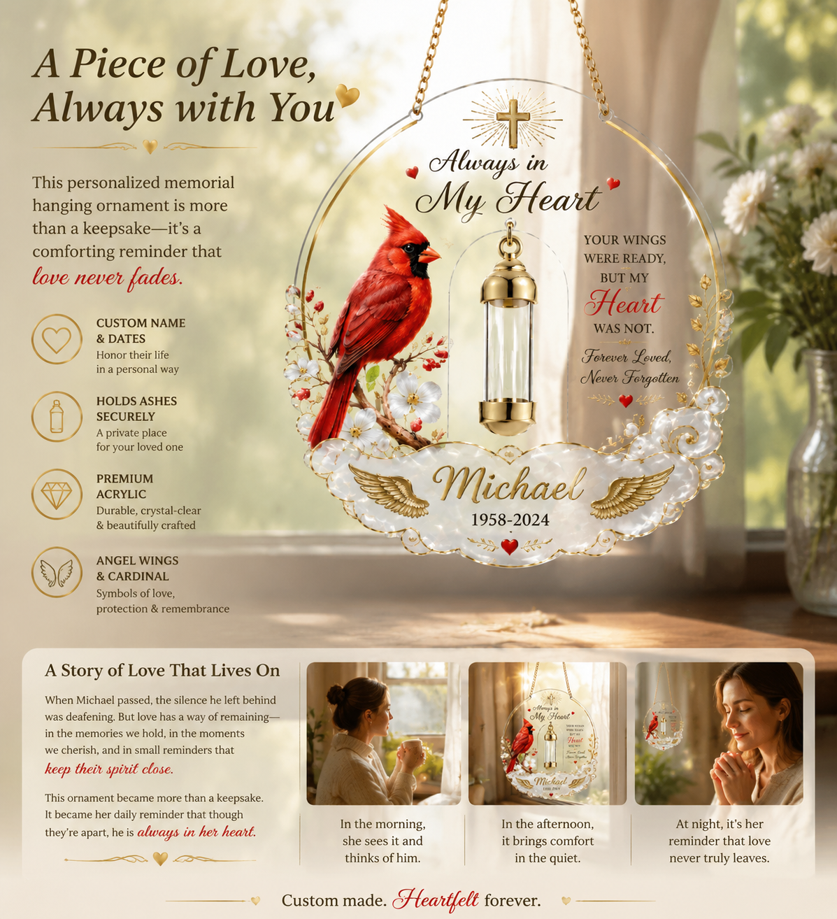 Personalized Cardinal Memorial Ornament with Mini Keepsake Urn | "Always in My Heart" Suncatcher 🕊️❤️