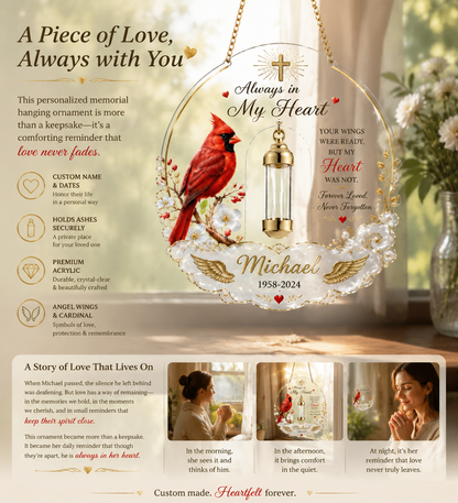 Personalized Cardinal Memorial Ornament with Mini Keepsake Urn | "Always in My Heart" Suncatcher 🕊️❤️