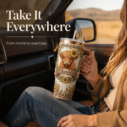Personalized 30oz/40oz Highland Cow & Sunflower Tumbler | Custom Name Rustic Faux-Wood Engraved Look  🌻🤎