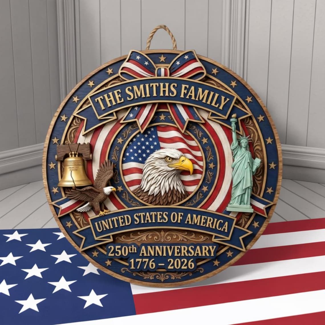 🎖️ Personalized USA 250th Anniversary Wooden Wall Sign – “A Nation’s Legacy, A Family’s Pride”