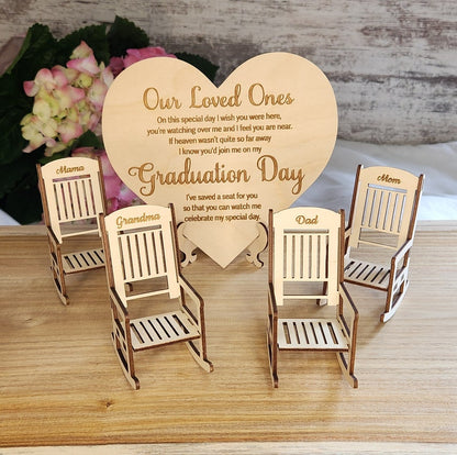 "Save a Seat" Personalized Graduation Memorial Set - Custom Wooden Rocking Chairs & Heart Sign