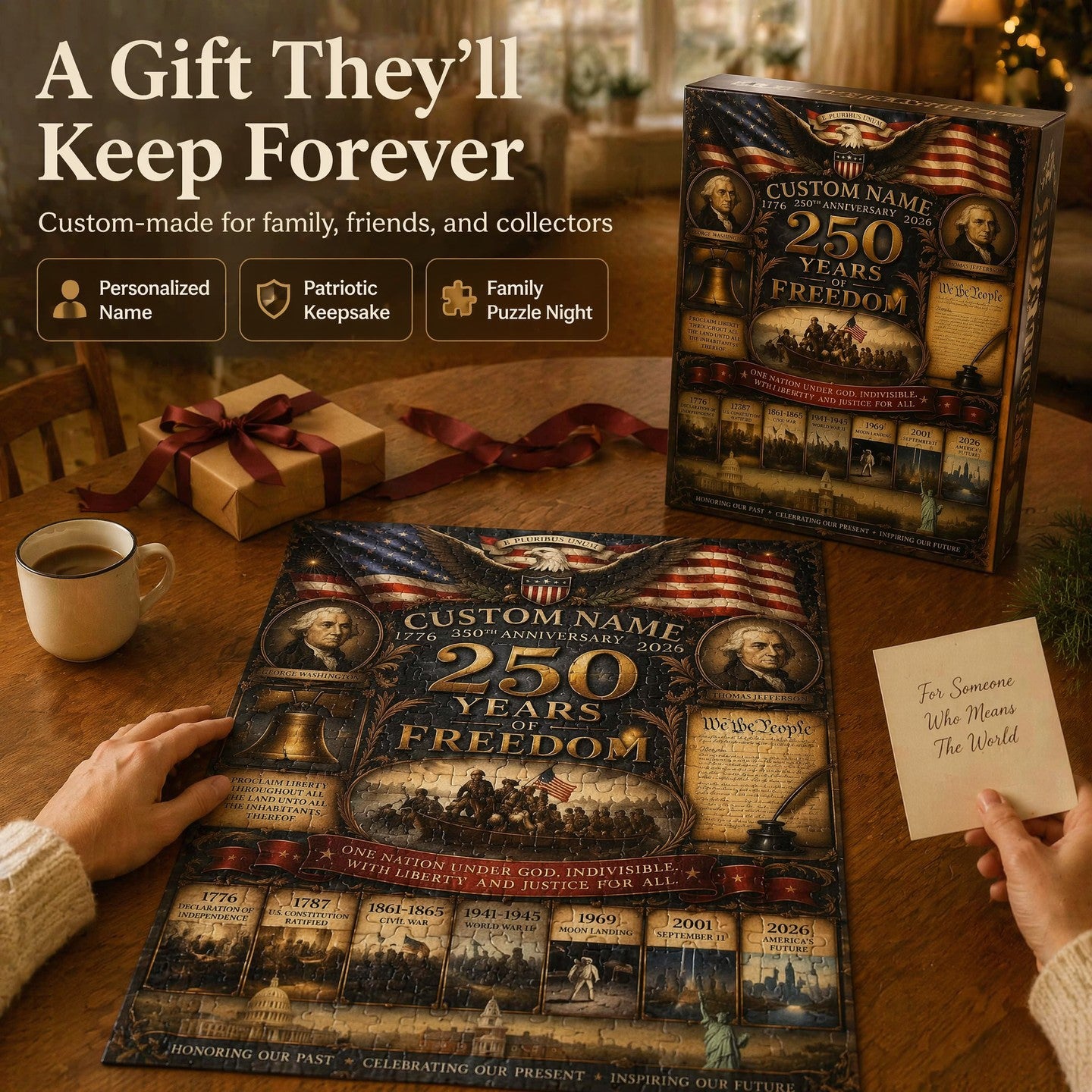 Personalized America 250th Anniversary Wooden Jigsaw Puzzle | Custom Family Name 1776-2026 History Tribute (300/500/1000 Pieces)