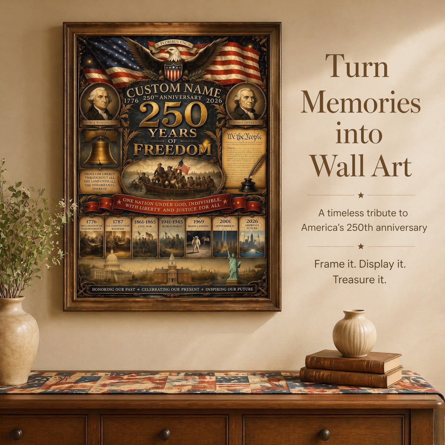Personalized America 250th Anniversary Wooden Jigsaw Puzzle | Custom Family Name 1776-2026 History Tribute (300/500/1000 Pieces)