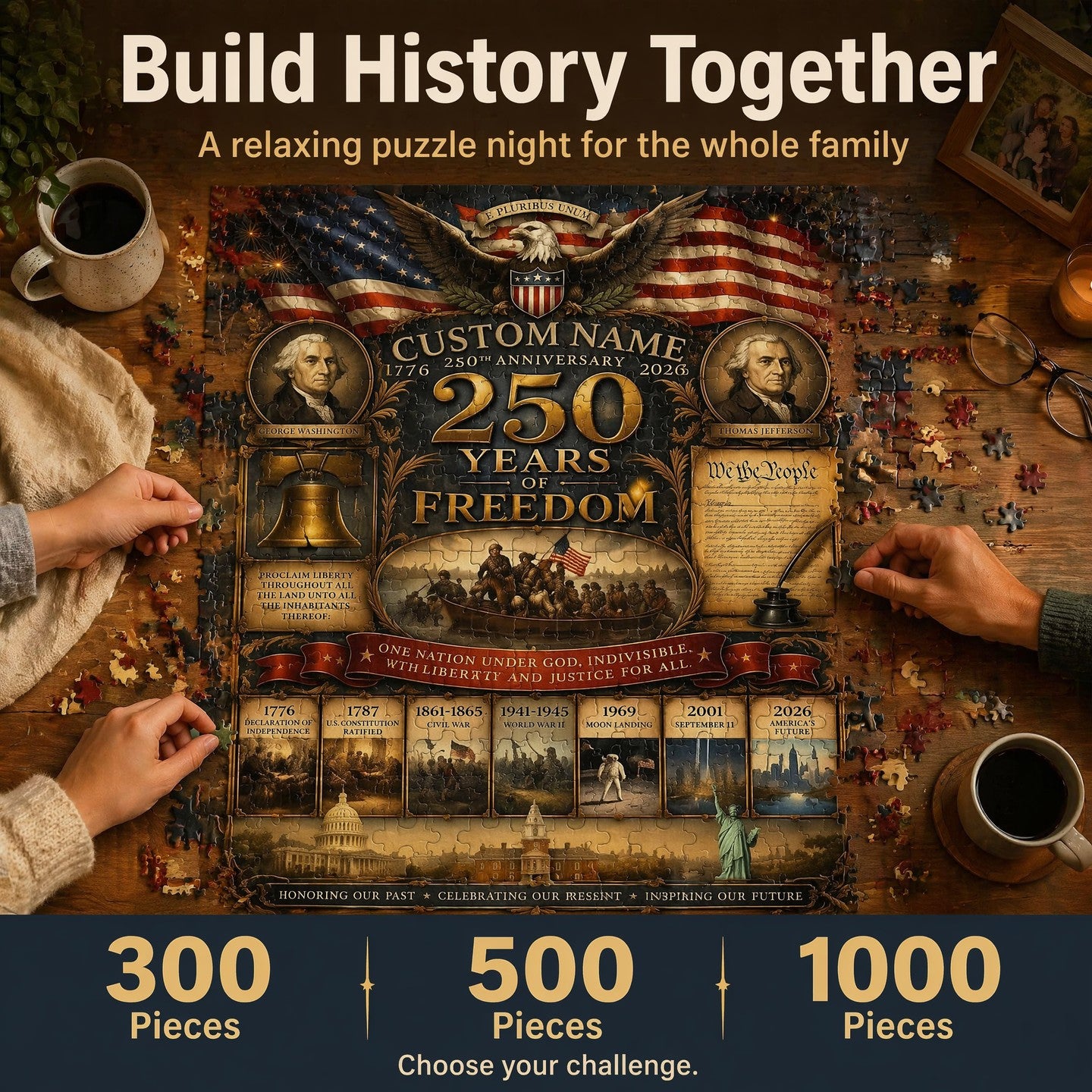Personalized America 250th Anniversary Wooden Jigsaw Puzzle | Custom Family Name 1776-2026 History Tribute (300/500/1000 Pieces)