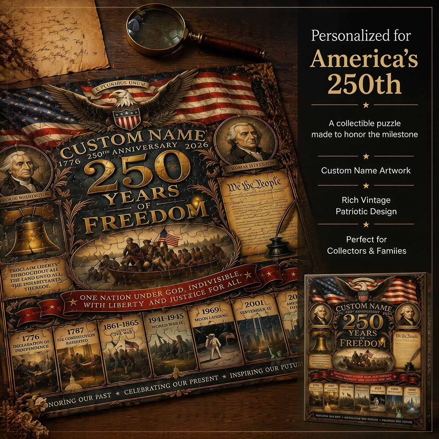 Personalized America 250th Anniversary Wooden Jigsaw Puzzle | Custom Family Name 1776-2026 History Tribute (300/500/1000 Pieces)