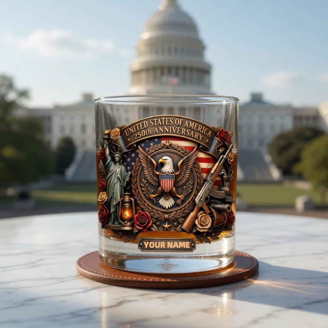 🥃 Personalized USA 250th Anniversary Whiskey Glass