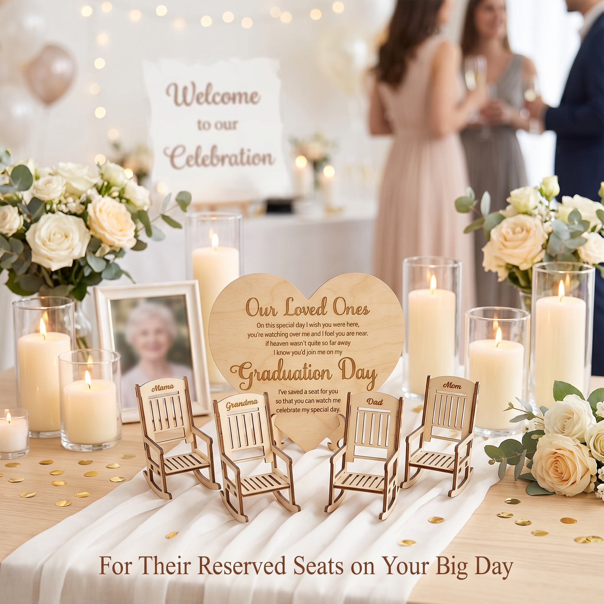 "Save a Seat" Personalized Graduation Memorial Set - Custom Wooden Rocking Chairs & Heart Sign