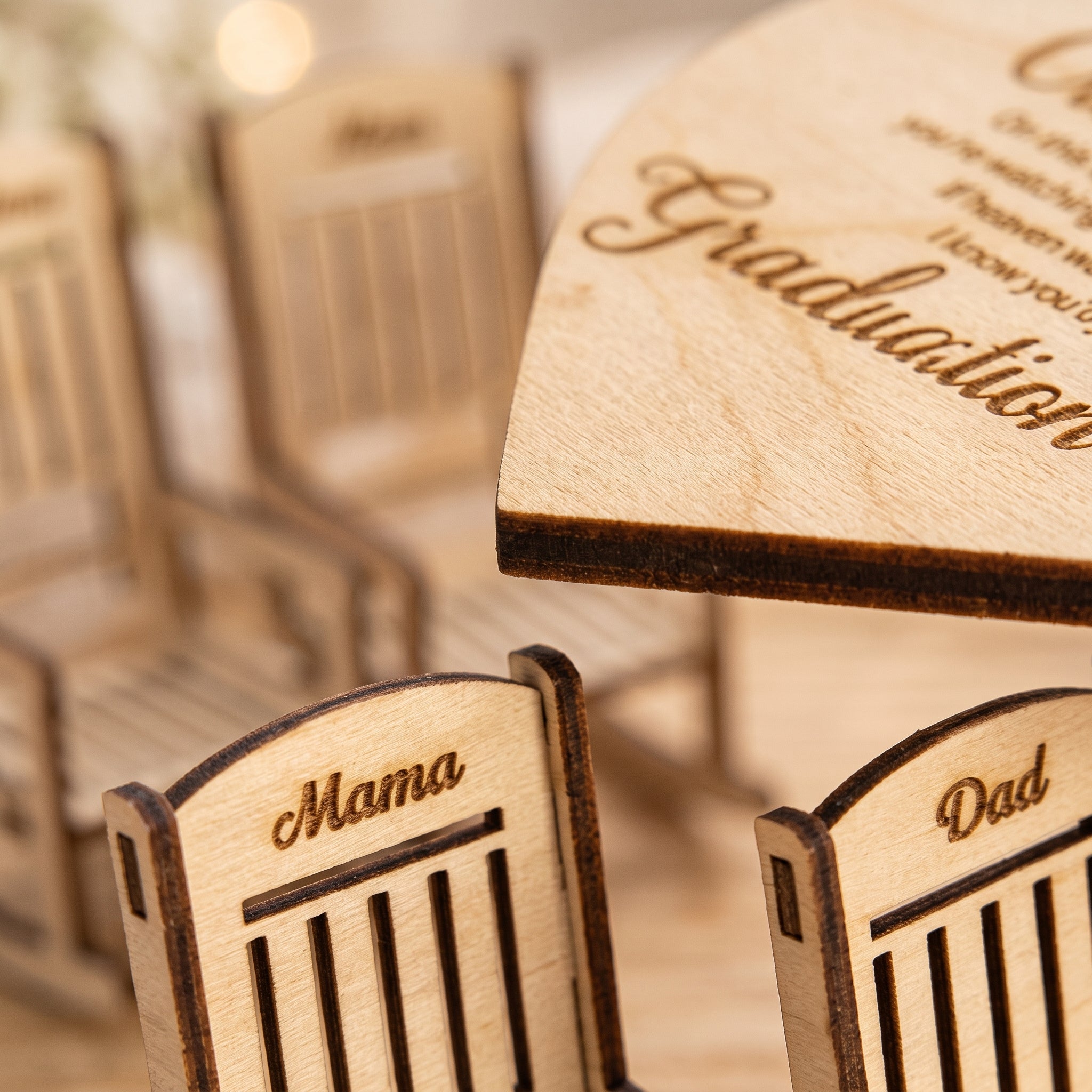 "Save a Seat" Personalized Graduation Memorial Set - Custom Wooden Rocking Chairs & Heart Sign