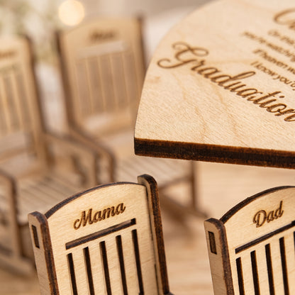 "Save a Seat" Personalized Graduation Memorial Set - Custom Wooden Rocking Chairs & Heart Sign