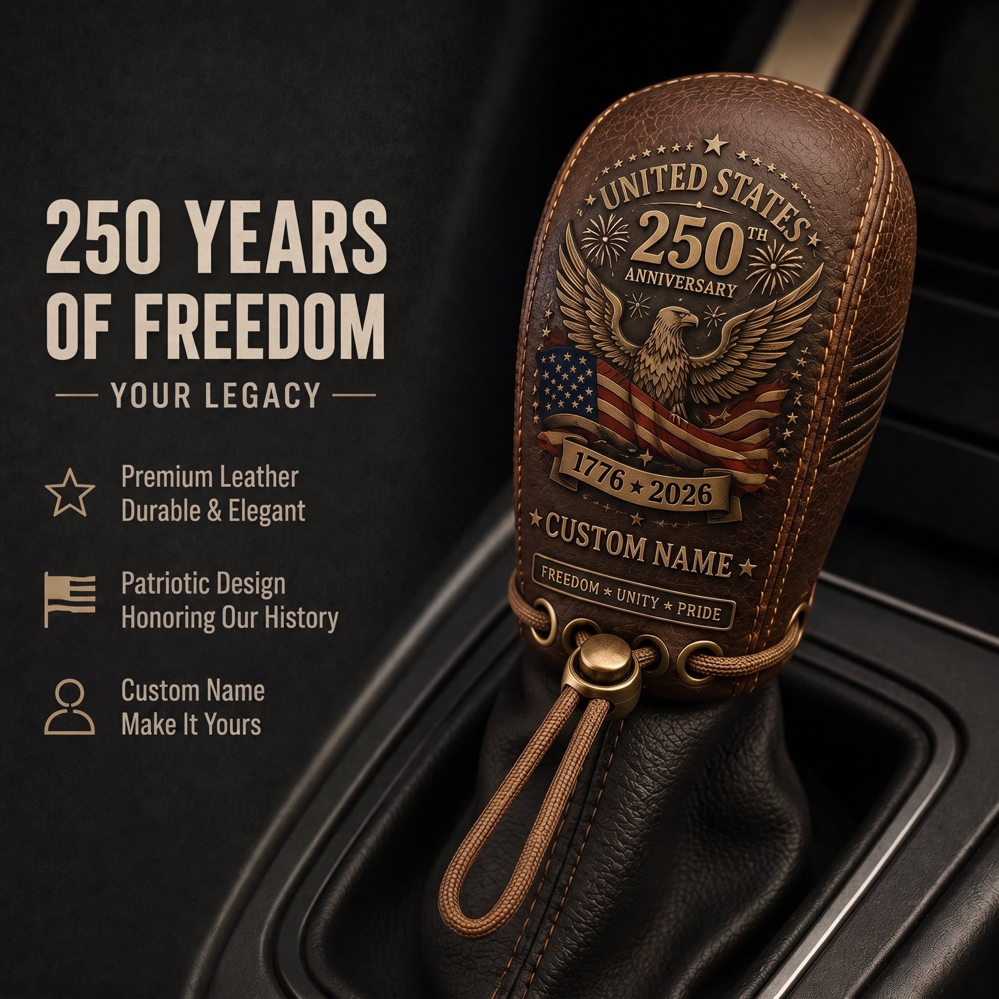 🇺🇸 The "Spirit of '76" Custom Leather Gear Shift Cover | USA 250th Anniversary Edition 🦅