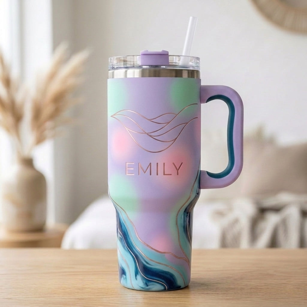 Personalized 30oz/40oz Pastel Dream Tumbler | Custom Name Ethereal Gradient Rose Gold Line Art | Insulated Travel Mug