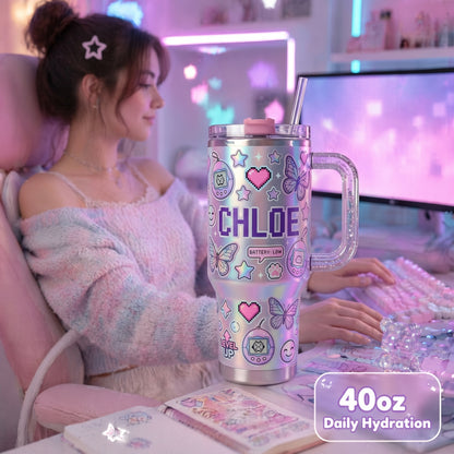 👾✨Personalized Y2K Cyber Aesthetic Tumbler | Custom Pixel Name Holographic Gamer Cup with Glitter Handle (30 oz/ 40 oz)