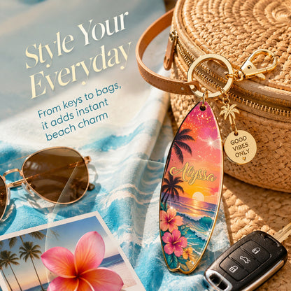 🌅🌴Personalized Tropical Sunset Surfboard Keychain | Custom Name Beach Bag Charm | "Good Vibes Only"