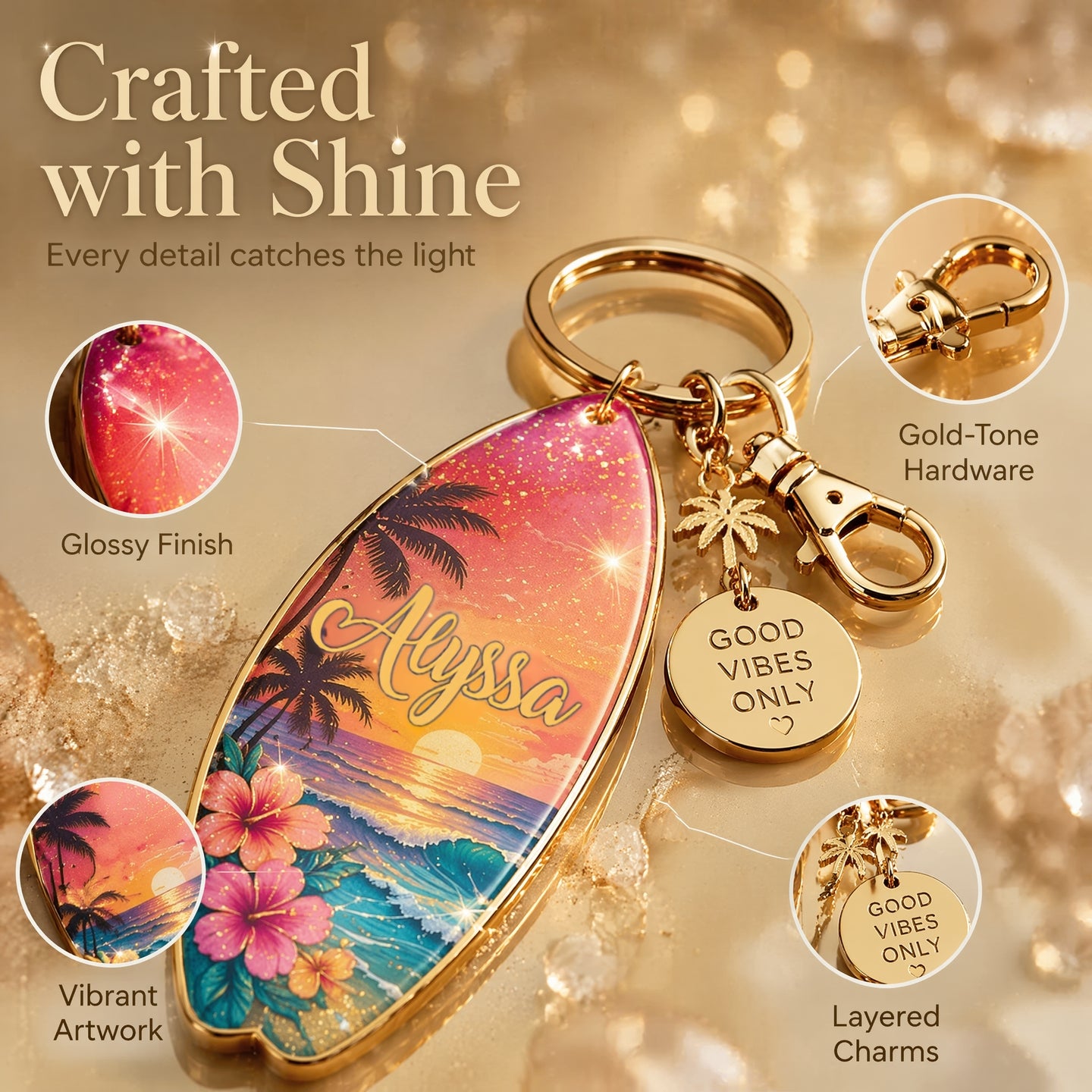🌅🌴Personalized Tropical Sunset Surfboard Keychain | Custom Name Beach Bag Charm | "Good Vibes Only"