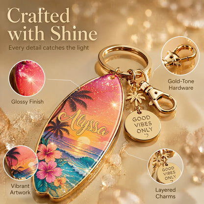 🌅🌴Personalized Tropical Sunset Surfboard Keychain | Custom Name Beach Bag Charm | "Good Vibes Only"