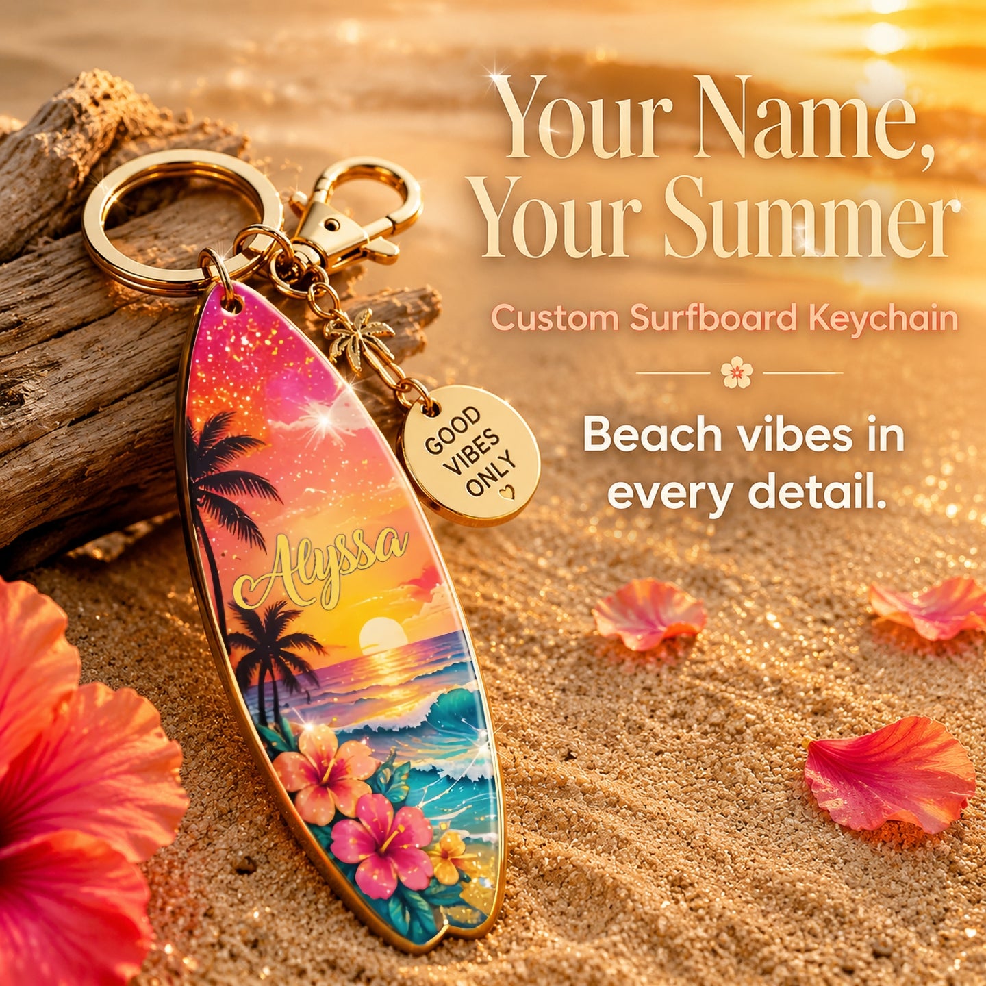 🌅🌴Personalized Tropical Sunset Surfboard Keychain | Custom Name Beach Bag Charm | "Good Vibes Only"