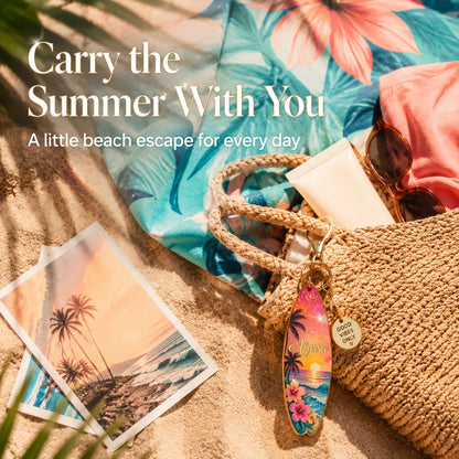 🌅🌴Personalized Tropical Sunset Surfboard Keychain | Custom Name Beach Bag Charm | "Good Vibes Only"