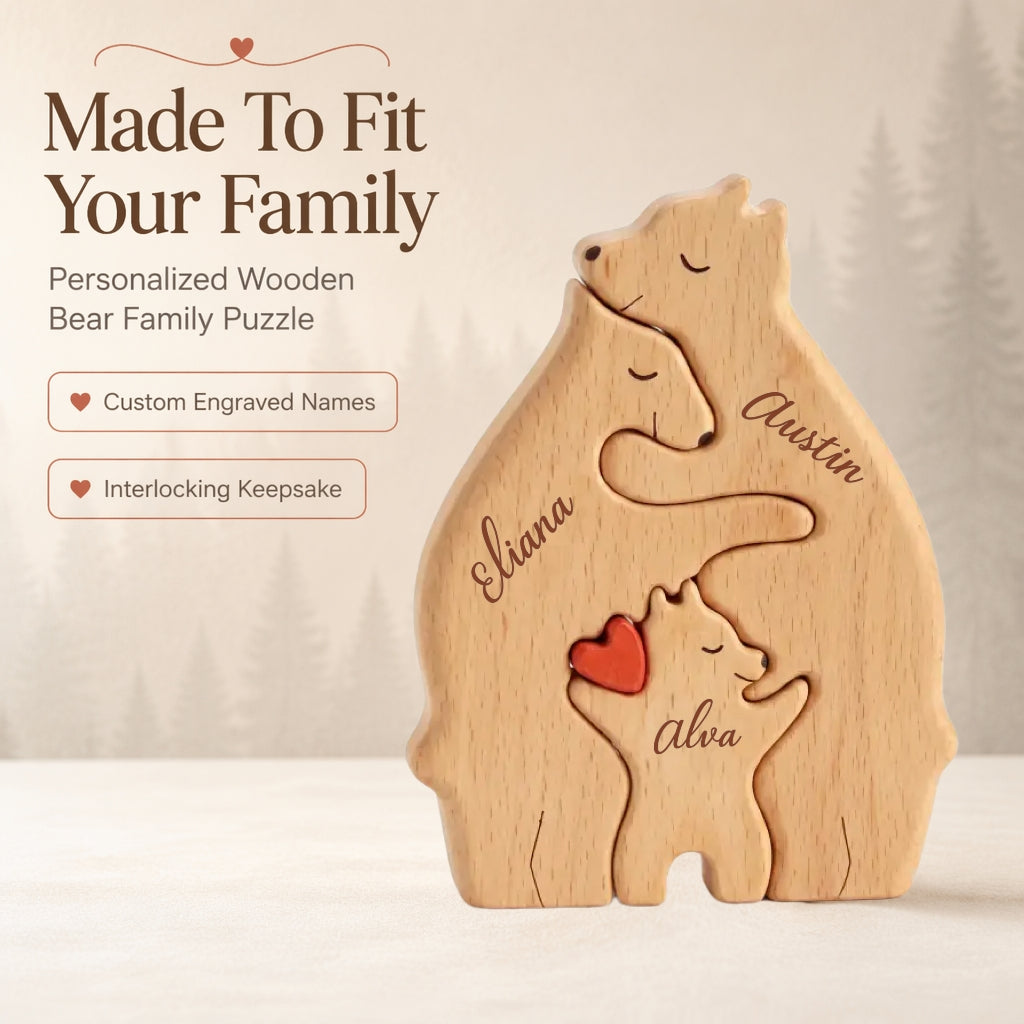 🐻 Personalized Wooden Bear Family Puzzle | Custom Name Keepsake Decor ❤️