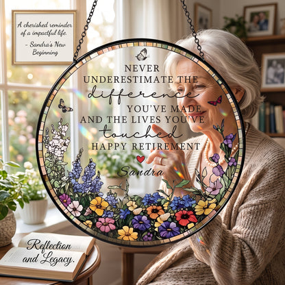 ✨ Personalized "Happy Retirement" Floral Suncatcher | Custom Name Window Hanging Keepsake 🦋