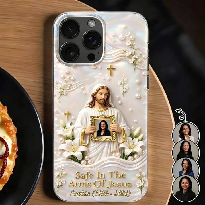 Safe in the Arms of Jesus" Personalized Memorial iPhone Case 🕊️🤍 | Custom Photo Keepsake