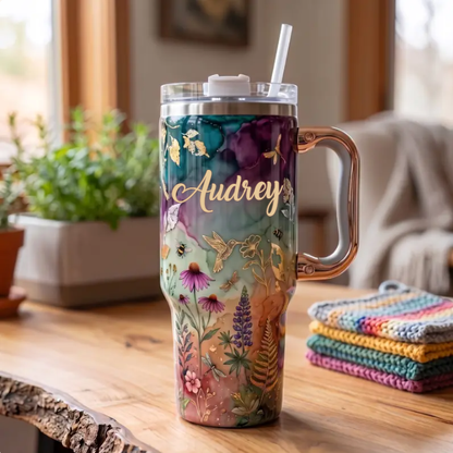 🌸✨Personalized Enchanted Garden Tumbler | Custom Name Gold Botanical & Hummingbird Design with Rose Gold Handle (30 oz/40 oz)