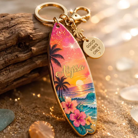 🌅🌴Personalized Tropical Sunset Surfboard Keychain | Custom Name Beach Bag Charm | "Good Vibes Only"